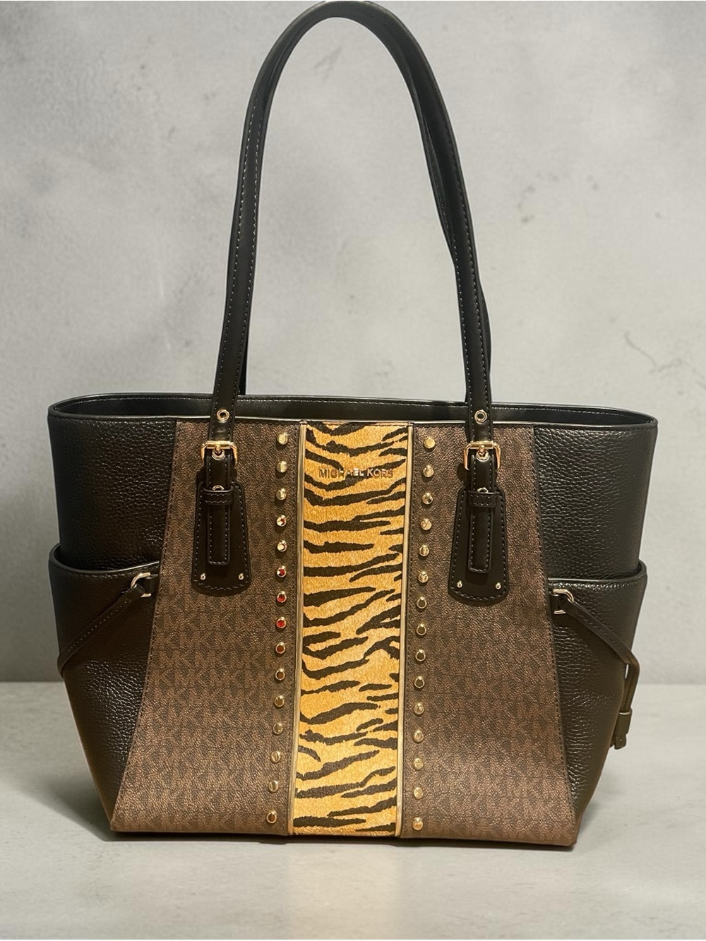 Michael Kors Brown Signature Zebra Haircalf Studded Tote Shoulder Bag